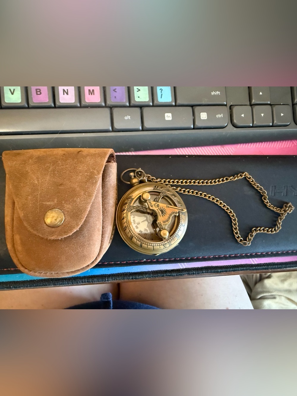 Brass Compass Pocket Watch - Brown Leather Pouch